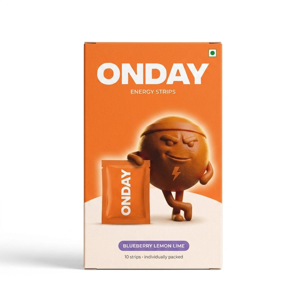 ONDAY energy strips pack with Caffeine character and product sachet